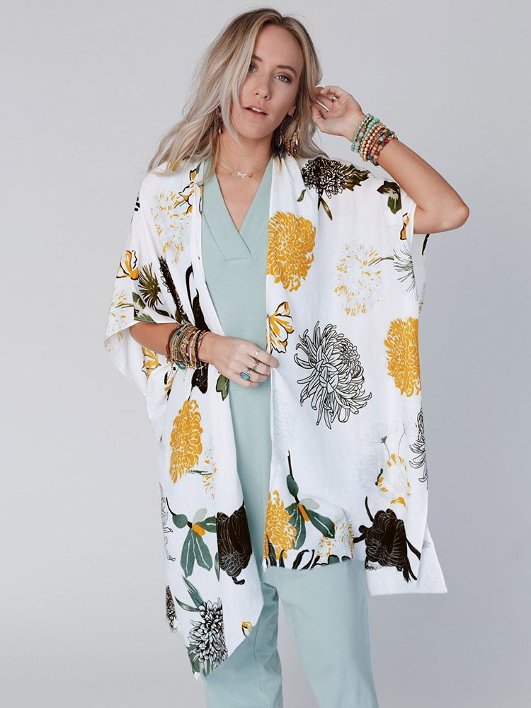 Boho Printed Bikini Cover-ups Kimono Pareo Dress White One Size