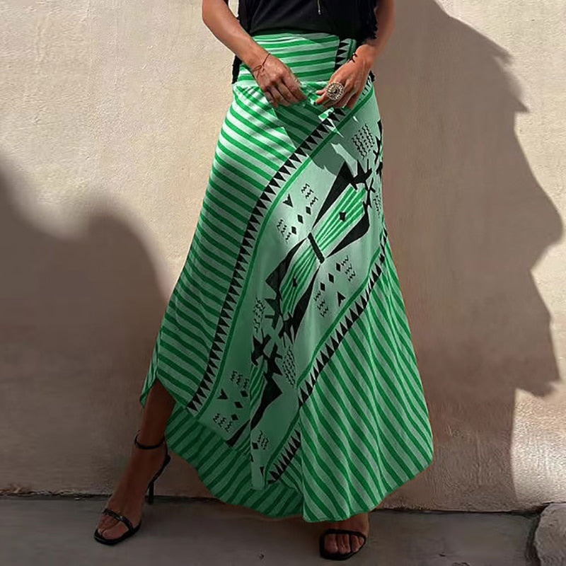 Boho Retro Patchwork Print Skirt Women 2024 Summer High Waist A-Line Elastic Long Skirts Casual Holiday Beach Skirt Dropshipping 02 Green Print