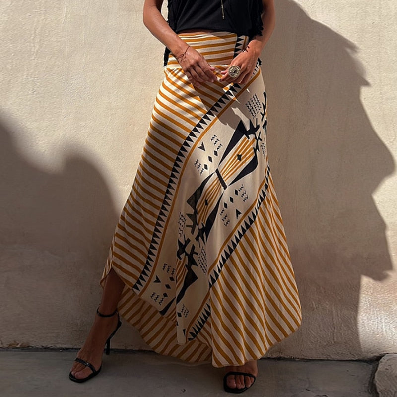 Boho Retro Patchwork Print Skirt Women 2024 Summer High Waist A-Line Elastic Long Skirts Casual Holiday Beach Skirt Dropshipping 01 Yellow Print