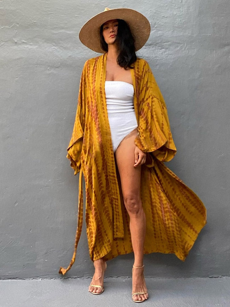 Boho Stripe Tie Dye Swimsuit Cover Up with Belt Tunic Sarong Cardigan Dress