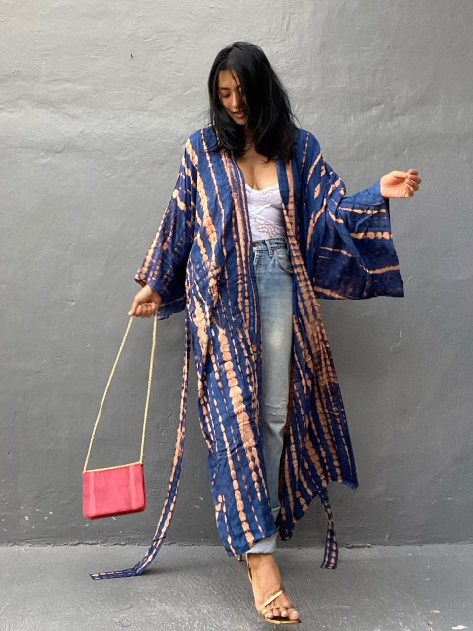 Boho Stripe Tie Dye Swimsuit Cover Up with Belt Tunic Sarong Cardigan Dress Orange Navy One Size