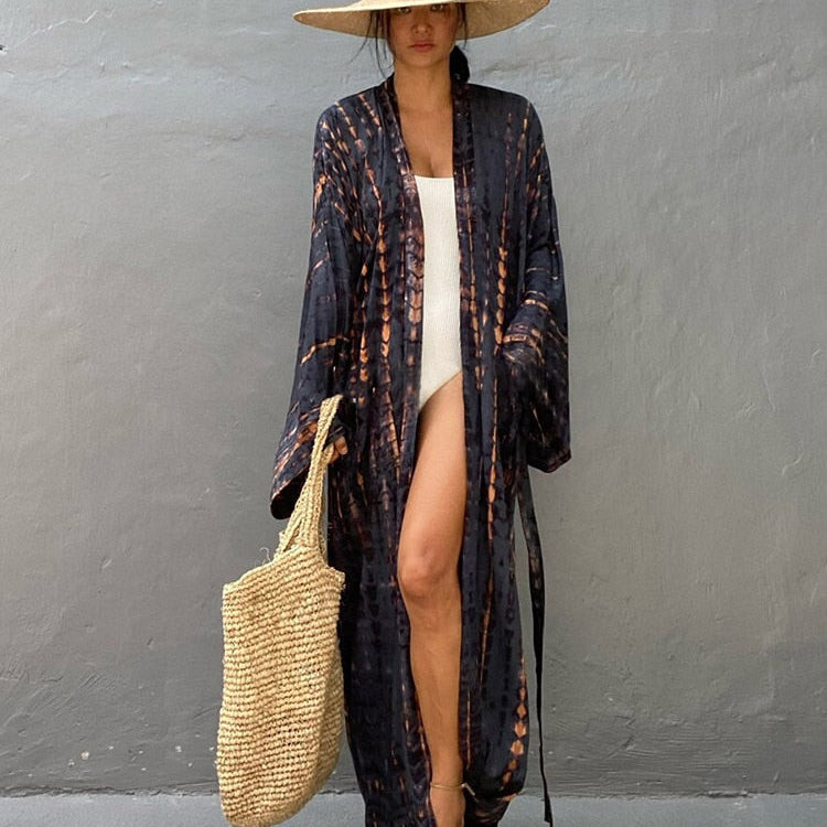 Boho Stripe Tie Dye Swimsuit Cover Up with Belt Tunic Sarong Cardigan Dress Grey One Size