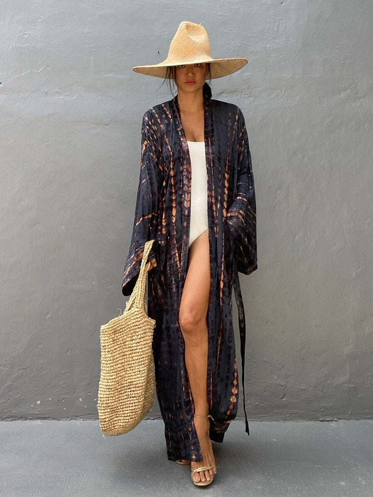 Boho Stripe Tie Dye Swimsuit Cover Up with Belt Tunic Sarong Cardigan Dress Grey One Size