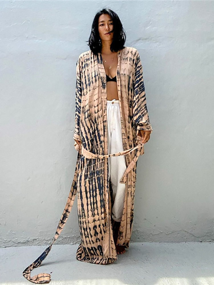 Boho Stripe Tie Dye Swimsuit Cover Up with Belt Tunic Sarong Cardigan Dress Apricot One Size