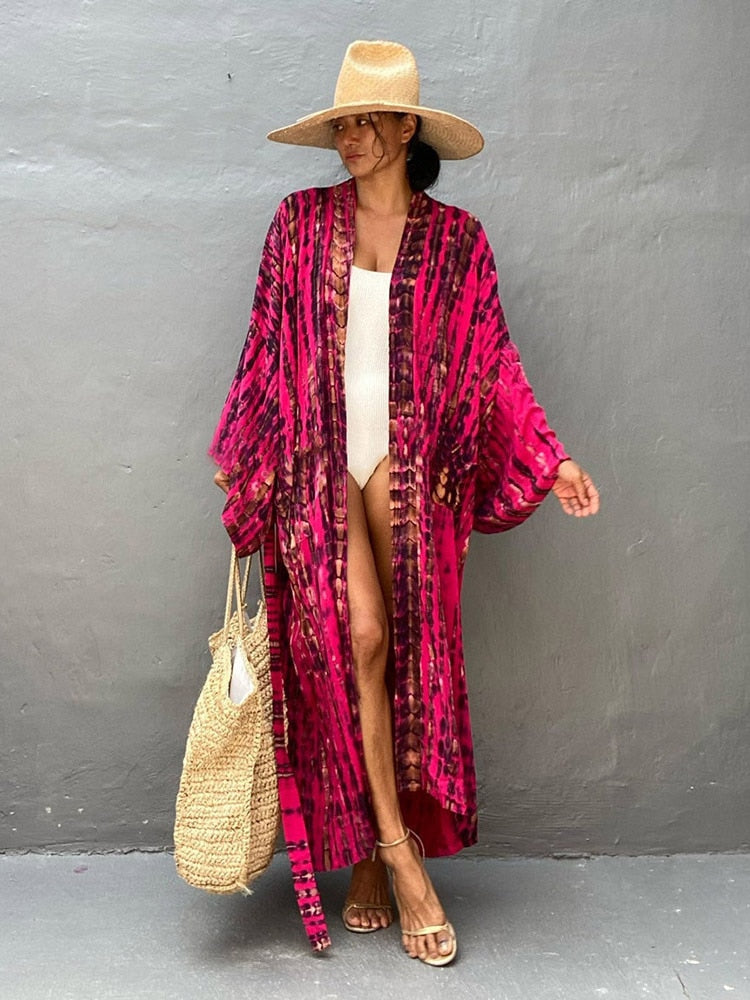 Boho Stripe Tie Dye Swimsuit Cover Up with Belt Tunic Sarong Cardigan Dress