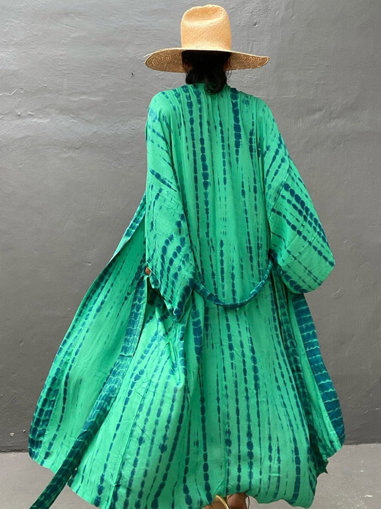 Boho Stripe Tie Dye Swimsuit Cover Up with Belt Tunic Sarong Cardigan Dress