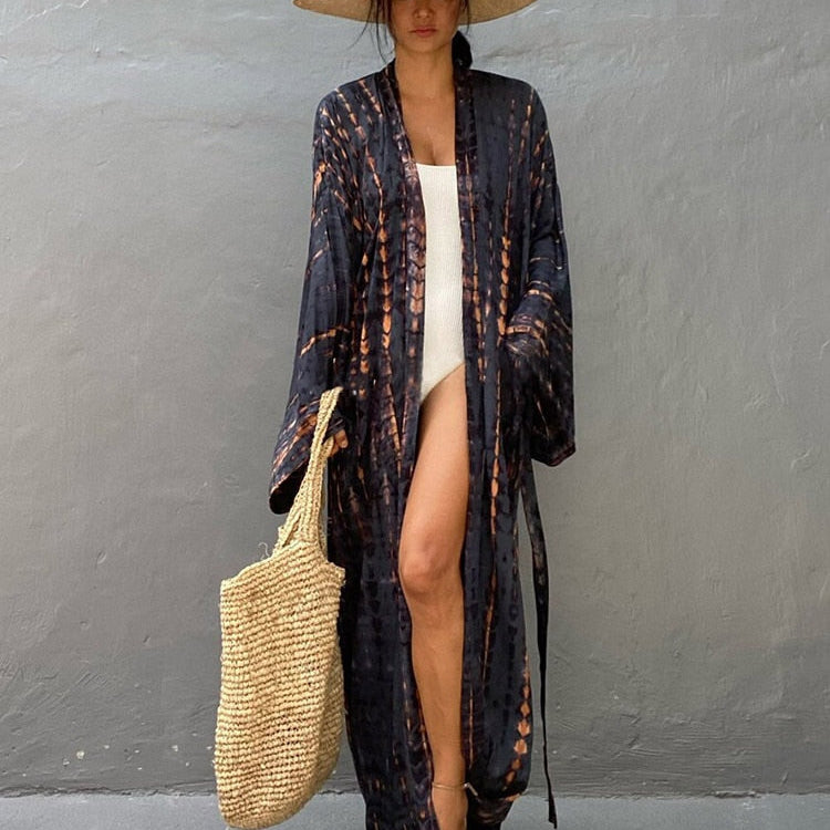 Boho Stripe Tie Dye Swimsuit Cover Up with Belt Tunic Sarong Cardigan Dress