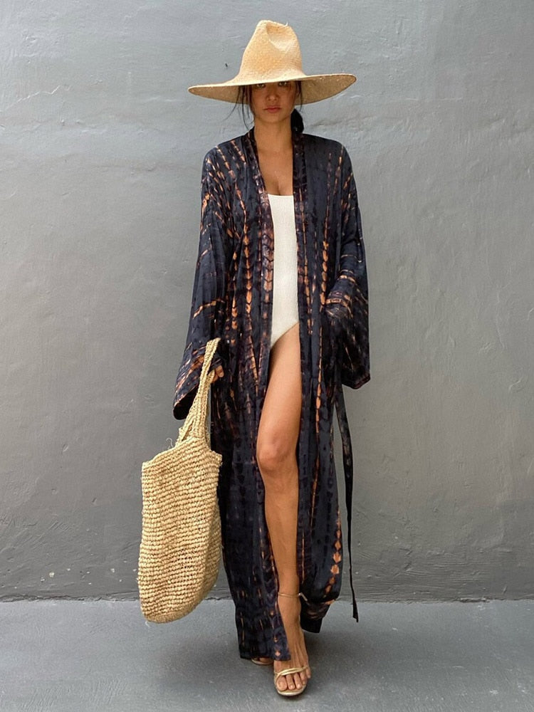 Boho Stripe Tie Dye Swimsuit Cover Up with Belt Tunic Sarong Cardigan Dress