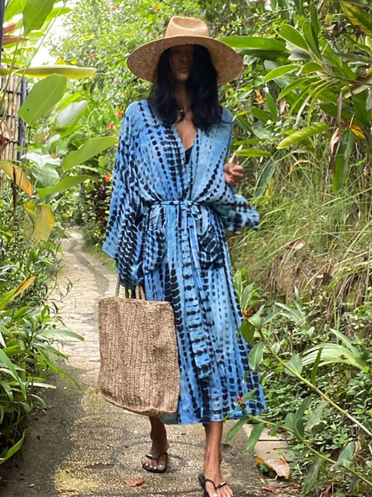 Boho Stripe Tie Dye Swimsuit Cover Up with Belt Tunic Sarong Cardigan Dress Blue One Size