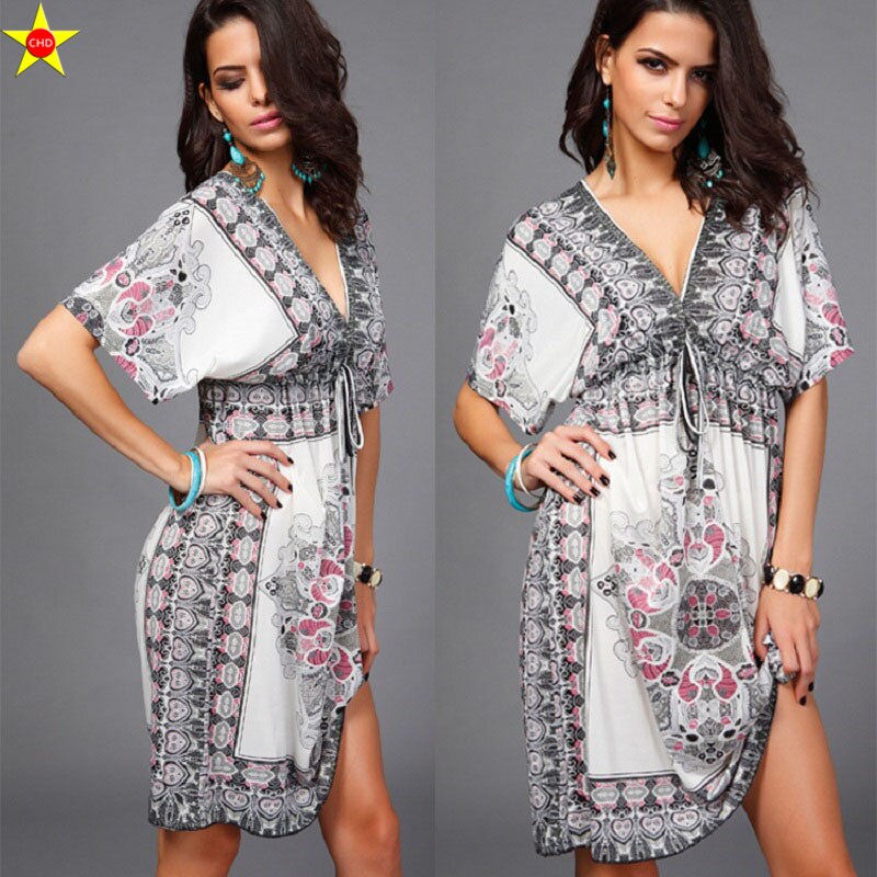 Boho Style NEW Summer Dress Sexy Sundresses Ethnic Print White