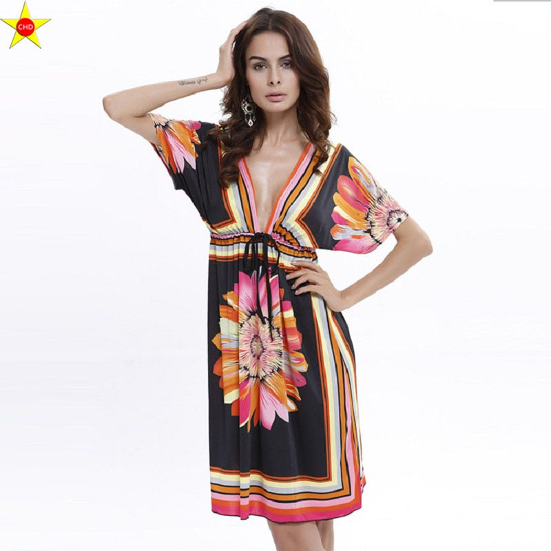 Boho Style NEW Summer Dress Sexy Sundresses Ethnic Print Black