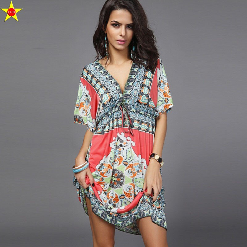 Boho Style NEW Summer Dress Sexy Sundresses Ethnic Print Red