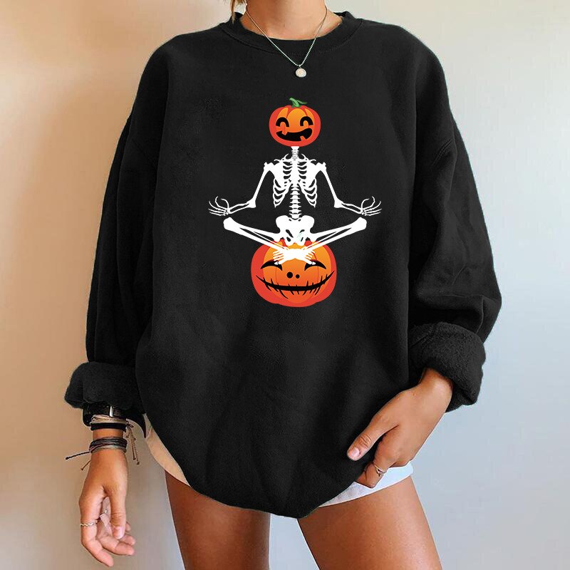 BoozRey Halloween Women Falling Shoulder Sweater Skeleton Pumpkin Head Ghost Face Sweater Long Sleeve Women Top Party Outfits Black