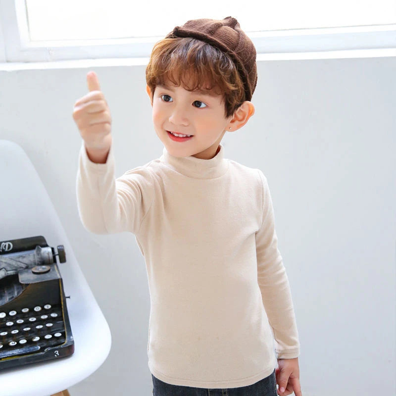 Boys' Half High Collar Underlay Shirt Children's Thickened Warm Mid Collar Versatile T-shirt Autumn/Winter Top apricot