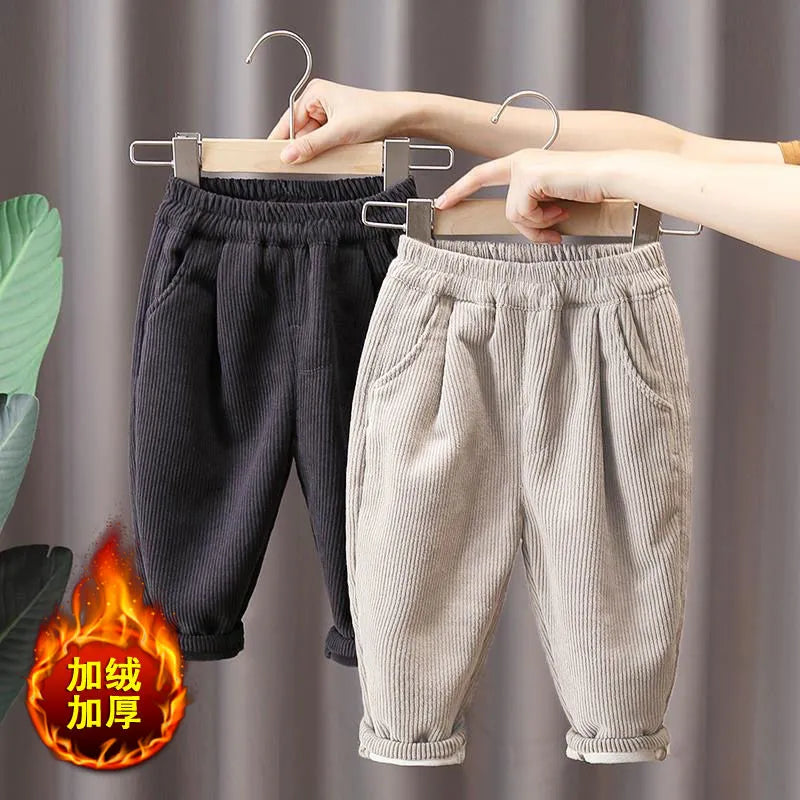 Boys' Plush Corduroy Pants for Winter Wear Children Integrated Velvet Warm Pants for Boy Autumn with Plush Outer Wear