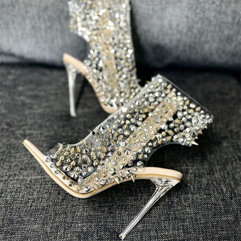 Brand Design 2024 New Crystal/rivet Zipper Sandals Stage Banquet Nightclub High Heels Women Shoes Apricot Silver Dress Matching