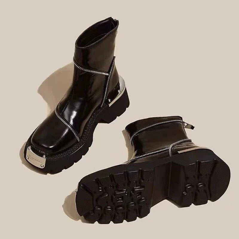 Brand Women Platform Shoes Mid Heels Zipper Chelsea Boots Winter 2024 Designer New Mujer Motocycle Boots Pumps Punk Ankle Botas