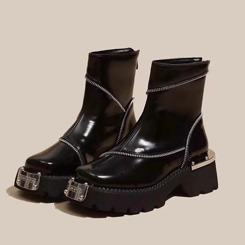 Brand Women Platform Shoes Mid Heels Zipper Chelsea Boots Winter 2024 Designer New Mujer Motocycle Boots Pumps Punk Ankle Botas Black-Plush cotton