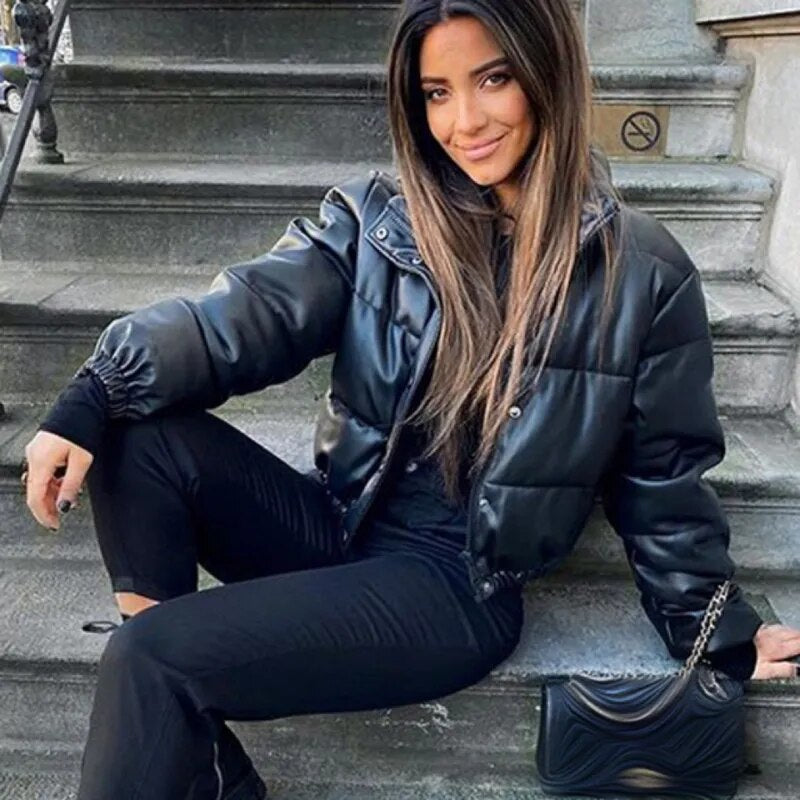 Bread Clothes Autumn Winter Leather Cotton Clothes American Style Collar Leather Jacket Women Warm Short Fashion Overcoming