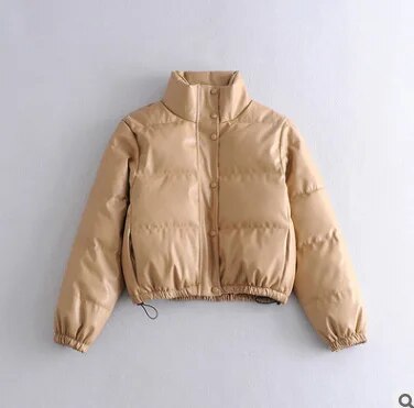 Bread Clothes Autumn Winter Leather Cotton Clothes American Style Collar Leather Jacket Women Warm Short Fashion Overcoming khaki