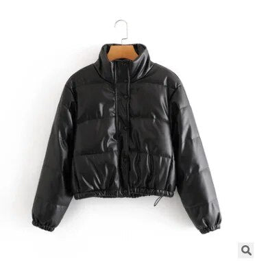 Bread Clothes Autumn Winter Leather Cotton Clothes American Style Collar Leather Jacket Women Warm Short Fashion Overcoming black