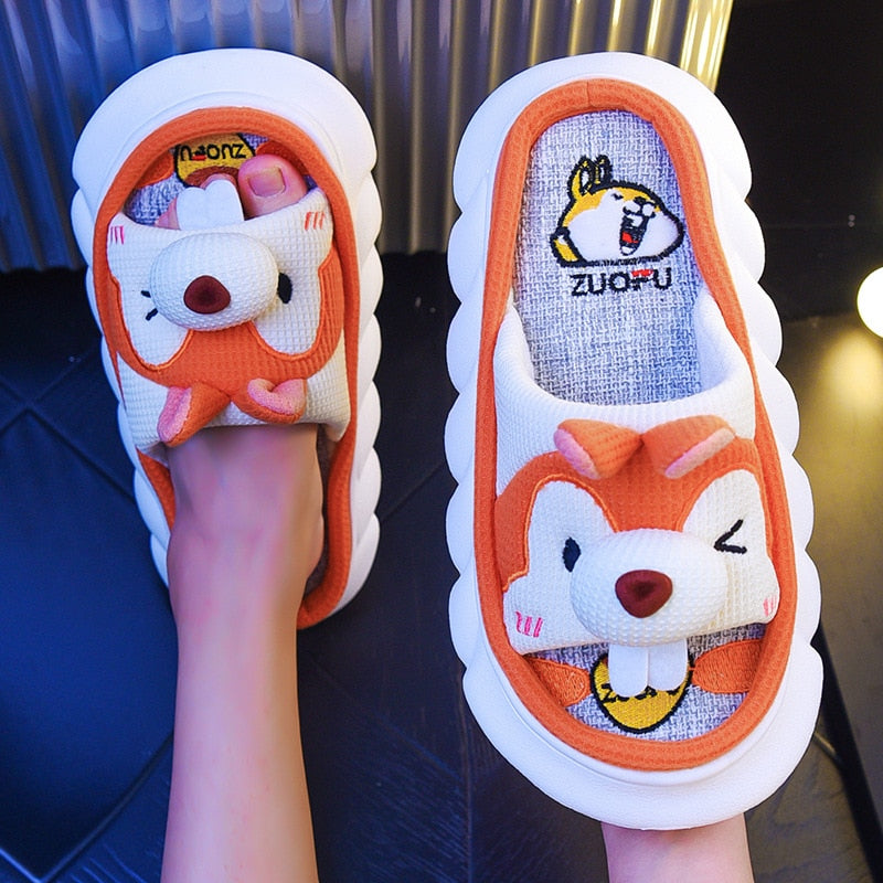 Breathable Linen Slippers Women Cute Squirrel Home Platform Shoes Comfort Cartoon Couples Indoor Slipper Ladies Fashion Slides