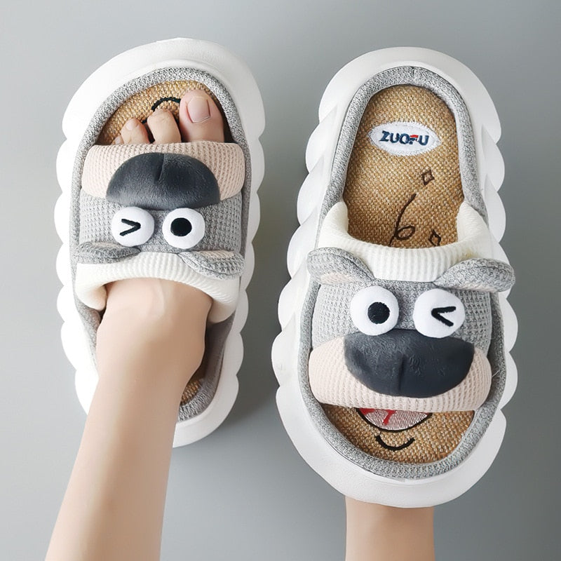 Breathable Linen Slippers Women Cute Squirrel Home Platform Shoes Comfort Cartoon Couples Indoor Slipper Ladies Fashion Slides bear gray