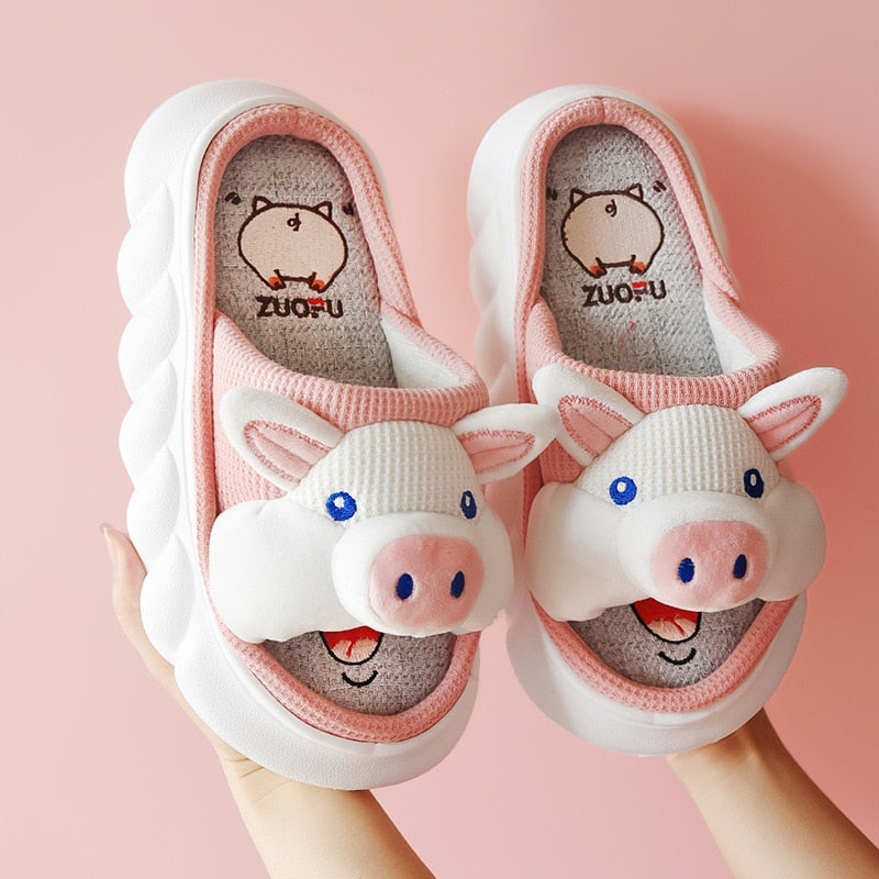 Breathable Linen Slippers Women Cute Squirrel Home Platform Shoes Comfort Cartoon Couples Indoor Slipper Ladies Fashion Slides pig white