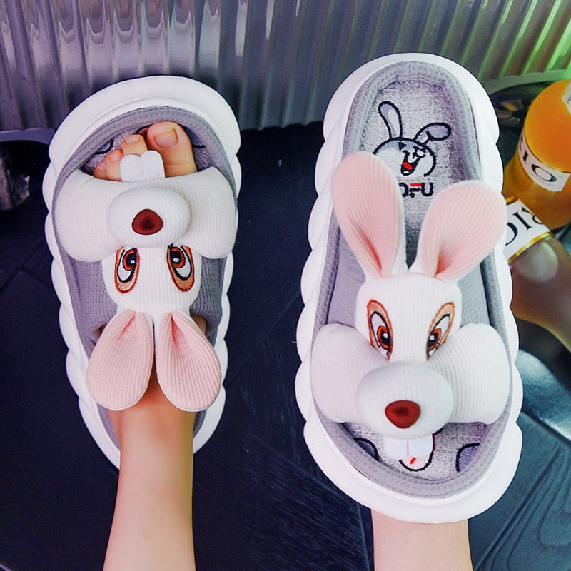 Breathable Linen Slippers Women Cute Squirrel Home Platform Shoes Comfort Cartoon Couples Indoor Slipper Ladies Fashion Slides rabbit