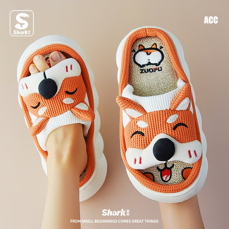 Breathable Linen Slippers Women Cute Squirrel Home Platform Shoes Comfort Cartoon Couples Indoor Slipper Ladies Fashion Slides keji orange