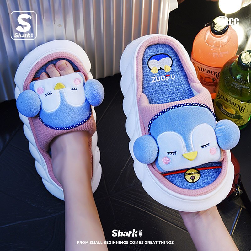 Breathable Linen Slippers Women Cute Squirrel Home Platform Shoes Comfort Cartoon Couples Indoor Slipper Ladies Fashion Slides penguin blue