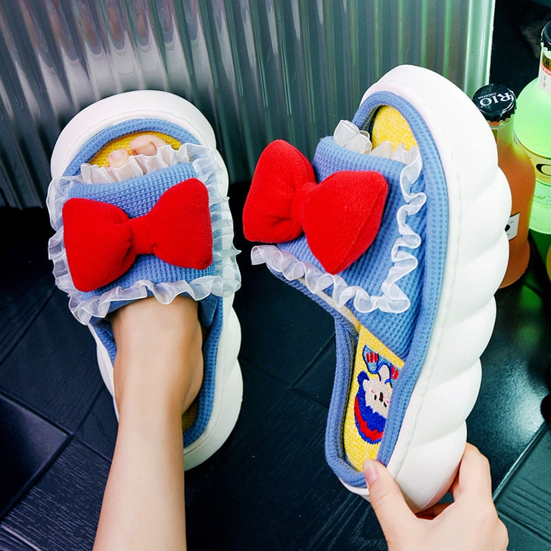 Breathable Linen Slippers Women Cute Squirrel Home Platform Shoes Comfort Cartoon Couples Indoor Slipper Ladies Fashion Slides princess blue