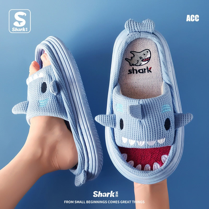 Breathable Linen Slippers Women Cute Squirrel Home Platform Shoes Comfort Cartoon Couples Indoor Slipper Ladies Fashion Slides shark blue