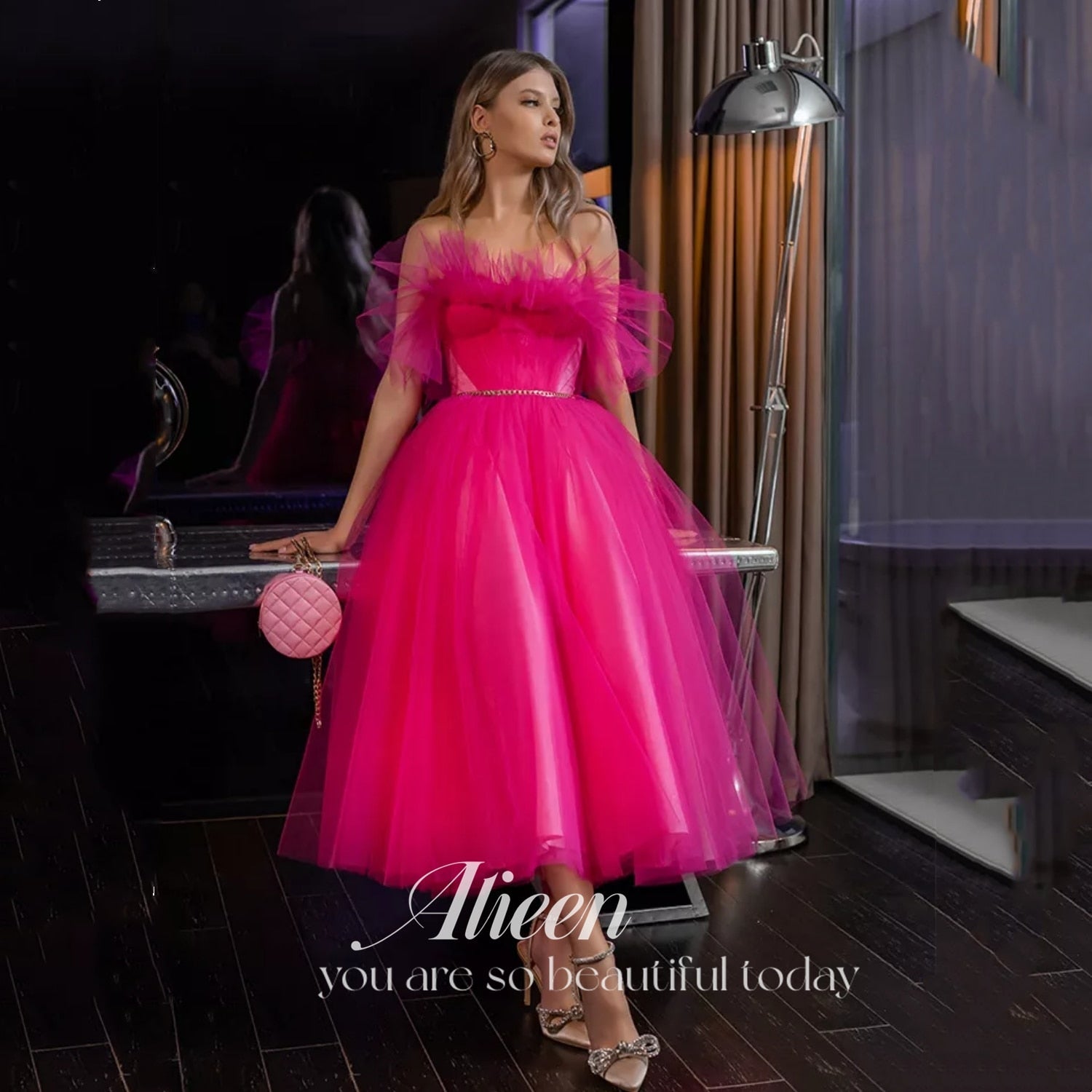 Bright Fuchsia Ruffles Tulle Homecoming Dresses Tea length Short Hoco Prom Dress A-Line Vestidos De Gala Party Gowns Custom color