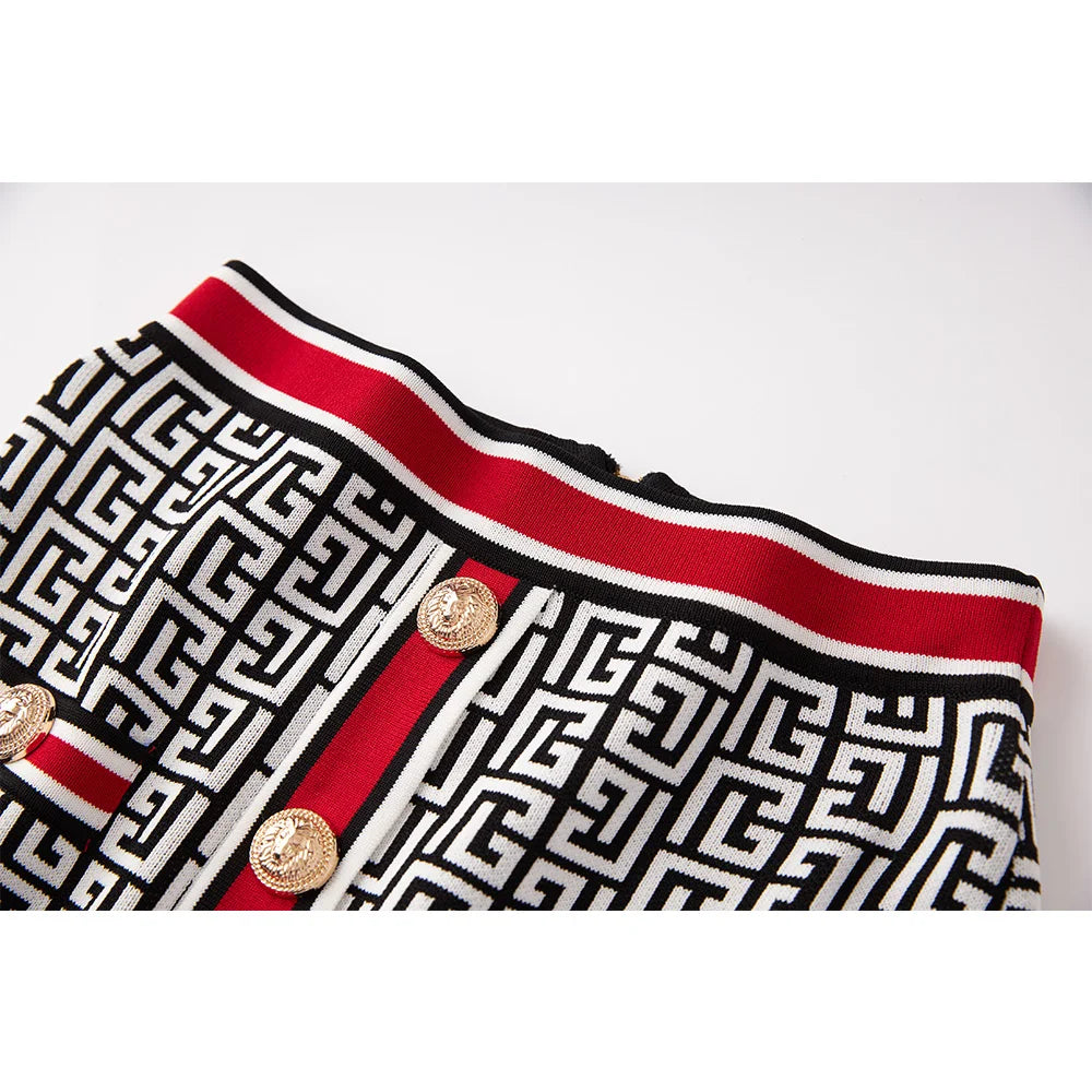 British Vintage Design Short Length Geometrical Pattern Mini Women Summer 2PCs Skirt Sets Knitting with Shoulder Pad Top