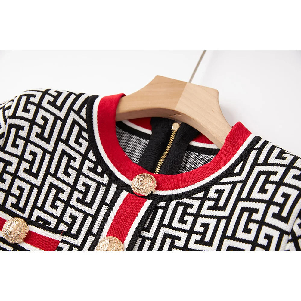 British Vintage Design Short Length Geometrical Pattern Mini Women Summer 2PCs Skirt Sets Knitting with Shoulder Pad Top