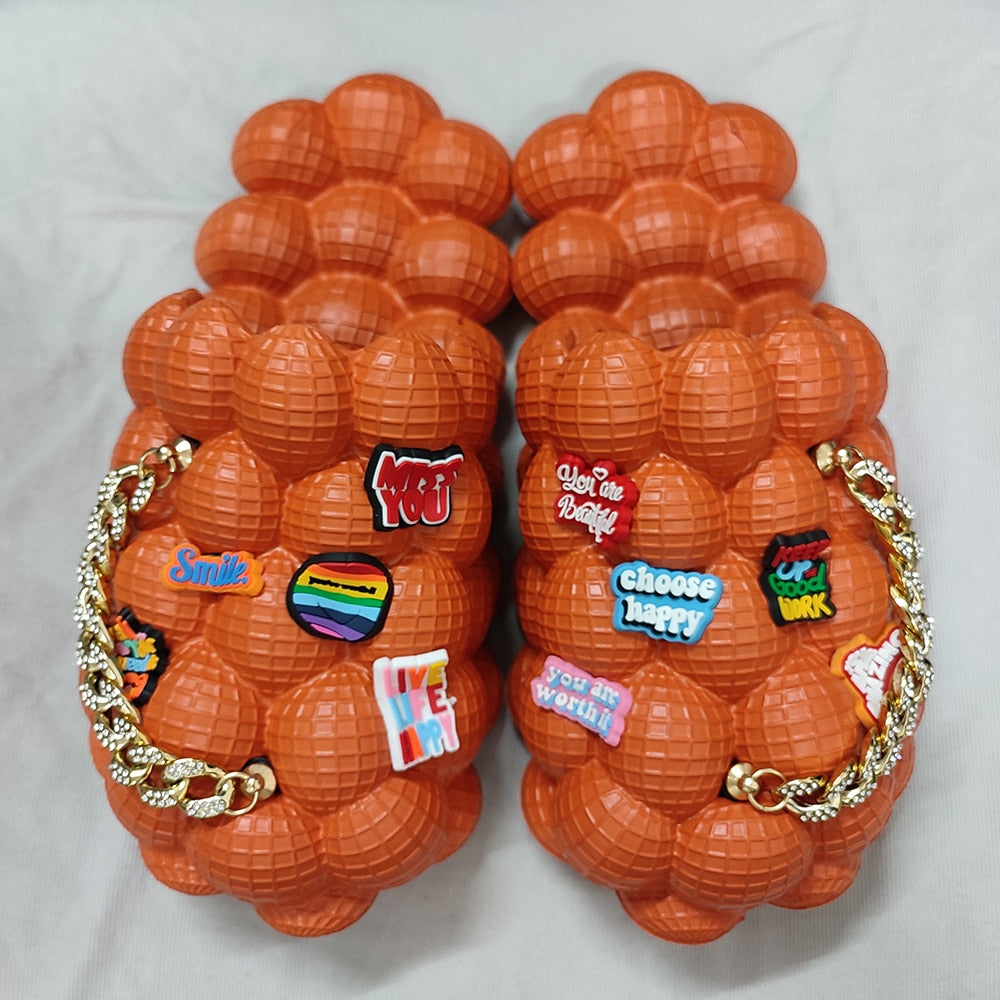 Bubble Slides With Charms For Women Fashion Chain Inspirational Quotes Bubble Sandals - House Slippers Platform Shoes for Men gold happy orange