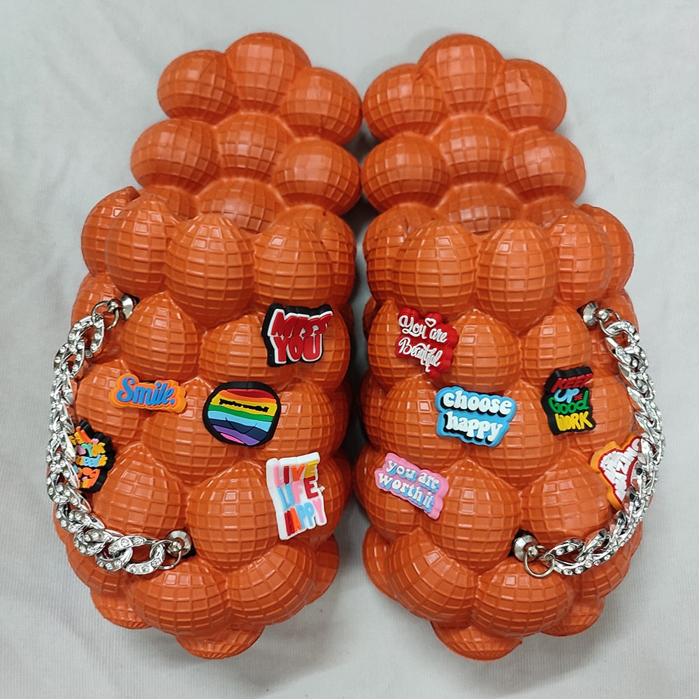 Bubble Slides With Charms For Women Fashion Chain Inspirational Quotes Bubble Sandals - House Slippers Platform Shoes for Men silver happy orange