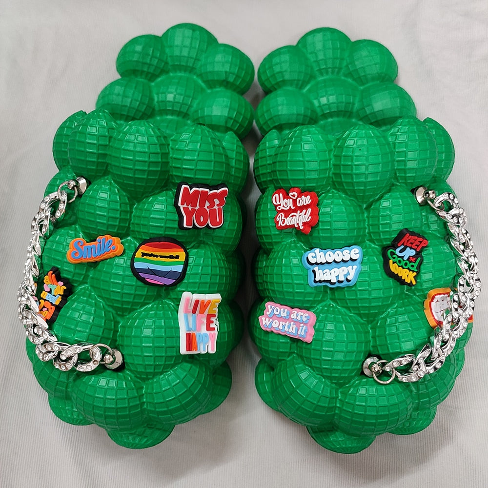 Bubble Slides With Charms For Women Fashion Chain Inspirational Quotes Bubble Sandals - House Slippers Platform Shoes for Men silver happy green
