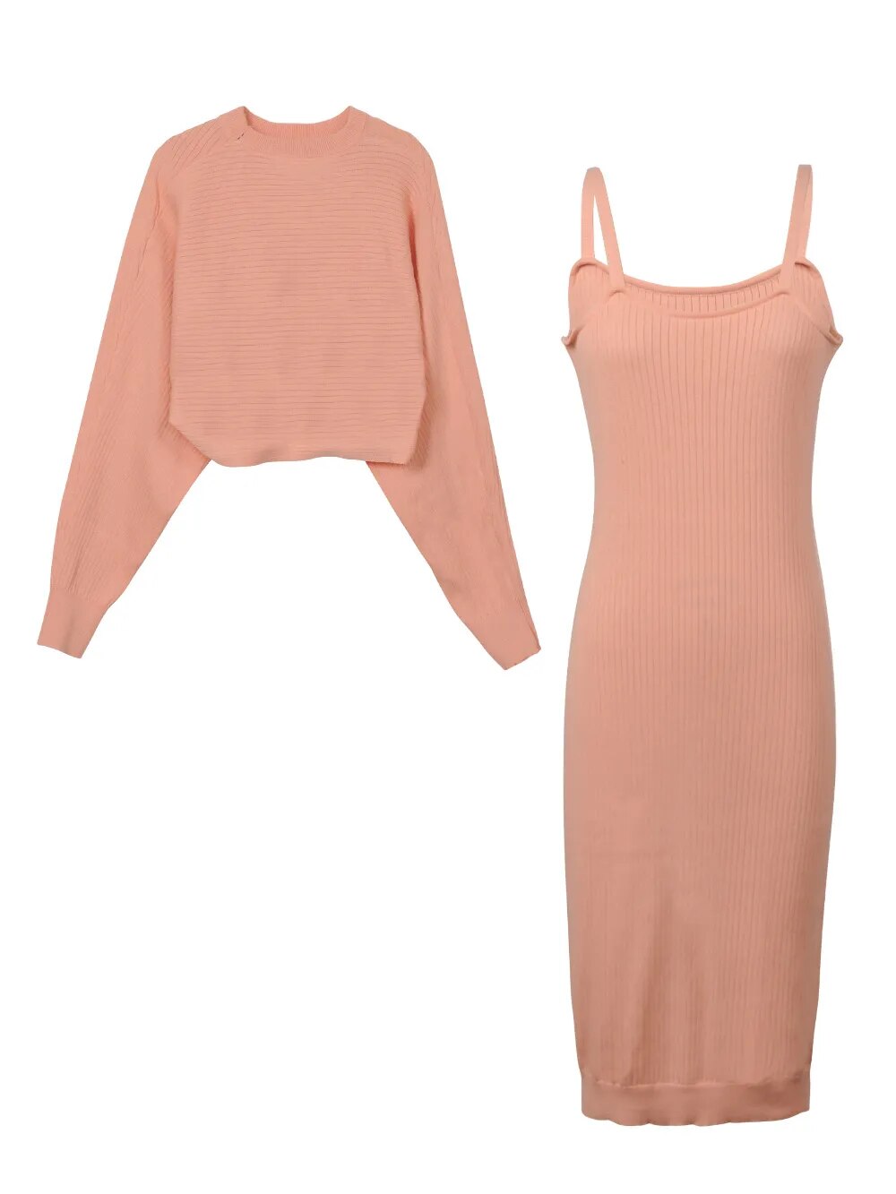 BubbleKiss Elegant Slim Two-piece Dress Sets Winter Women Knitted Dress Set Autumn Sweater Tank Dress Outfit Female Home Suit Pink