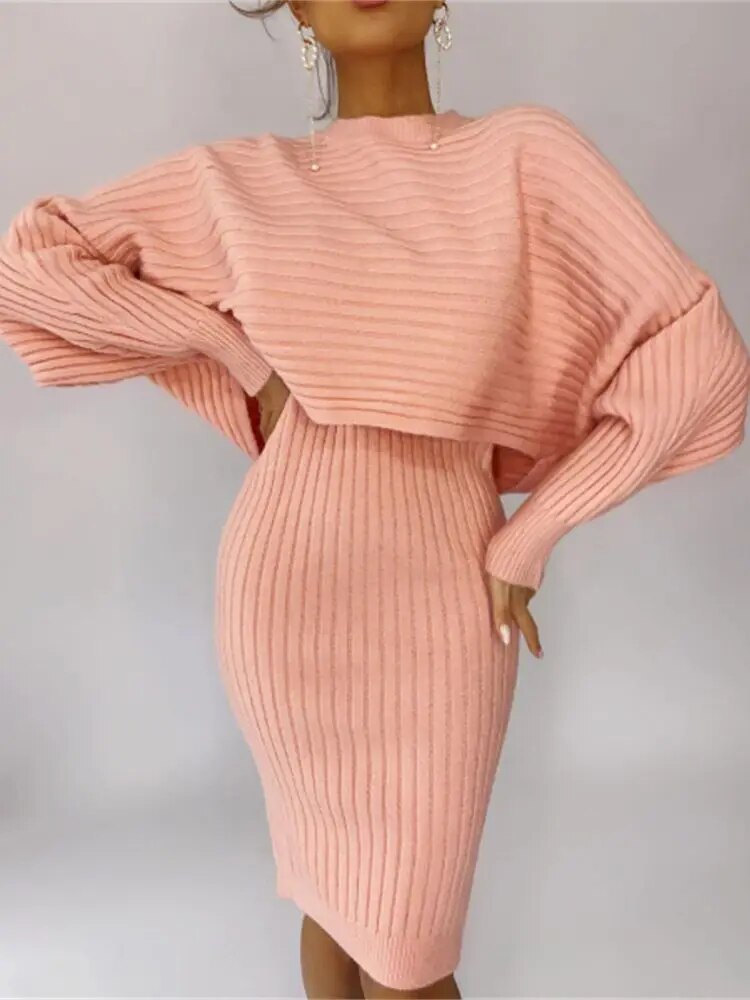 BubbleKiss Elegant Slim Two-piece Dress Sets Winter Women Knitted Dress Set Autumn Sweater Tank Dress Outfit Female Home Suit