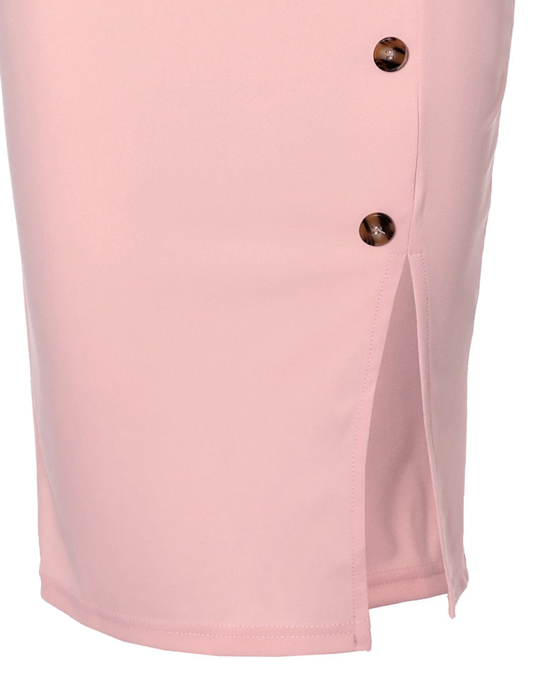 Button Decor Cami Crop Top - Split Skirt Set Women 2pcs Clothes Set Solid Color Sleeveless Tanks Camis High Waist Slim Skirt