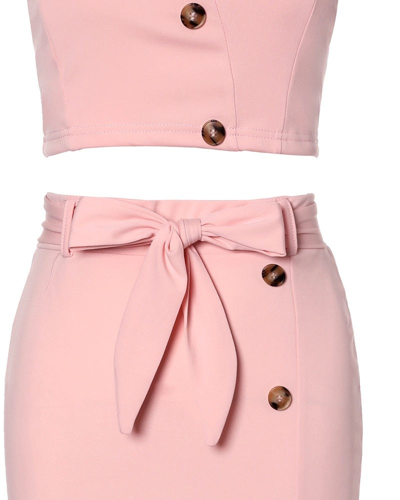 Button Decor Cami Crop Top - Split Skirt Set Women 2pcs Clothes Set Solid Color Sleeveless Tanks Camis High Waist Slim Skirt