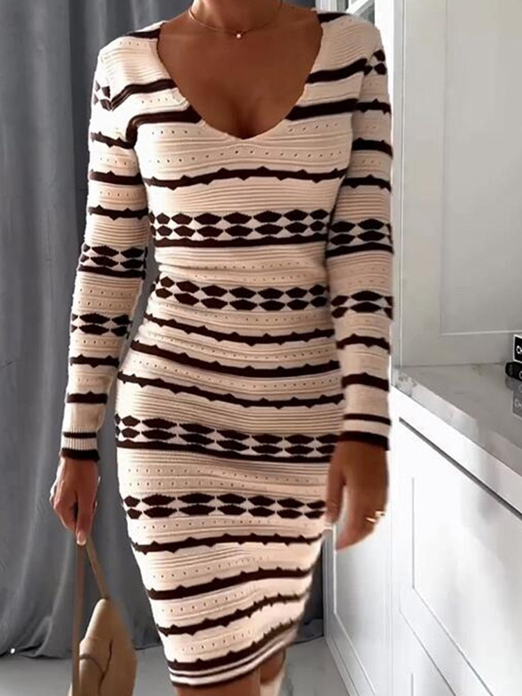 ByeMyLove Striped Knit Dress Women Knee Length Skinny Long Sleeve Casual Striped Sweater Dresses Women Warm Autumn Winter New