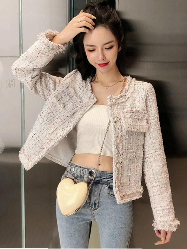 Spring Women French Single-Breasted Tweed Woolen Coat Round Neck Long Sleeve Tassel Jacket Photo Color1