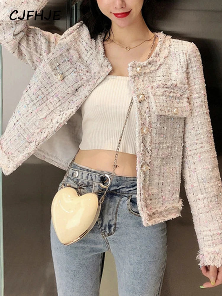 Spring Women French Single-Breasted Tweed Woolen Coat Round Neck Long Sleeve Tassel Jacket