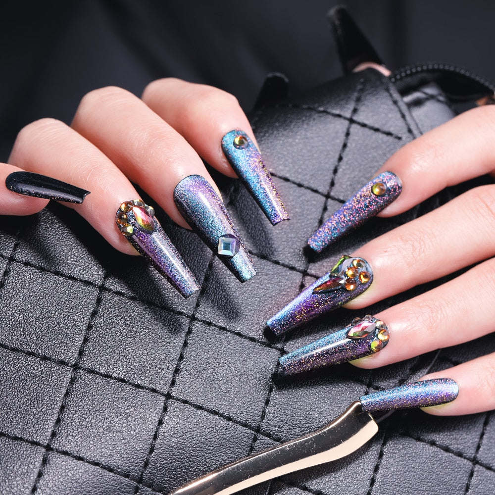 CNHIDS 24Pcs Charming Sparkling Purple Long Coffin False Nail Press On Nail Tips Girl Decoration Crystal Fake Nail With Design