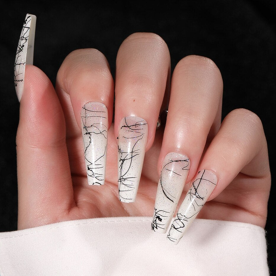 CNHIDS 24Pcs Charming Sparkling Purple Long Coffin False Nail Press On Nail Tips Girl Decoration Crystal Fake Nail With Design 27