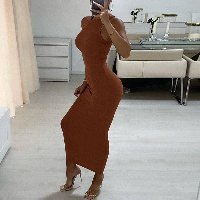 CNYISHE Ribbed Knitted Autumn Black Maxi Dress Women 2021 Sexy Party Bodycon Long Dress Round Neck Tight Dresses Robes Sundress Brown