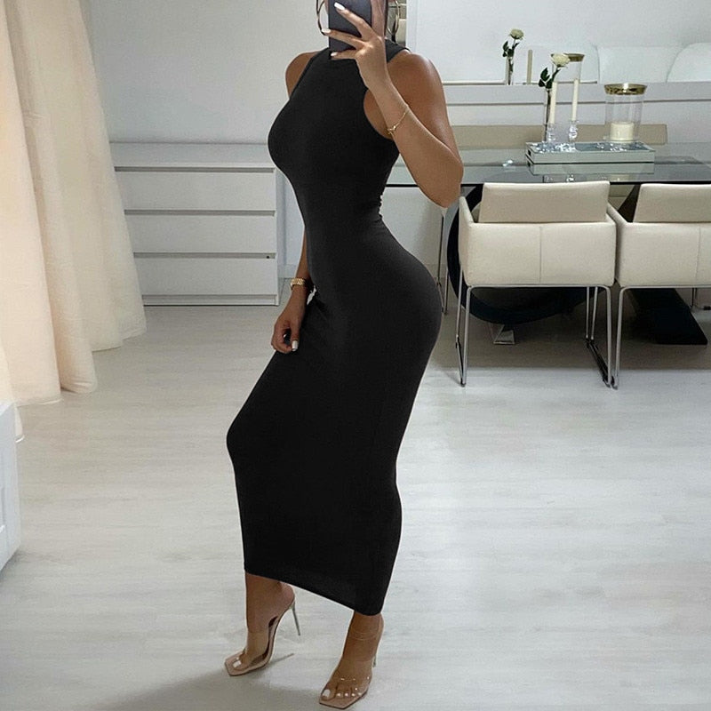 CNYISHE Ribbed Knitted Autumn Black Maxi Dress Women 2021 Sexy Party Bodycon Long Dress Round Neck Tight Dresses Robes Sundress Black